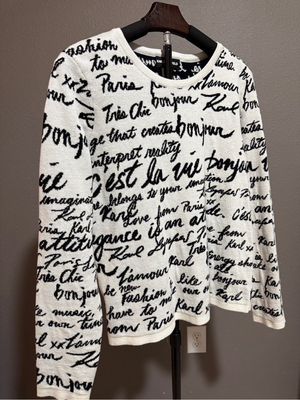 Karl Lagerfeld White & Black Script Knit Sweater - Women's Top